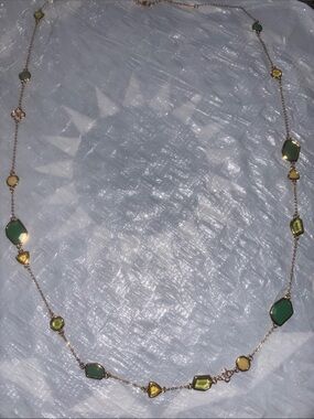 Gold-Tone Long Station Necklace with Green and Yellow Stones